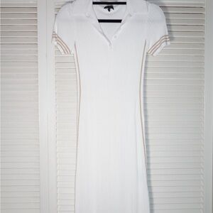 rag & bone White Ribbed Polo Midi Dress with Tan Trim